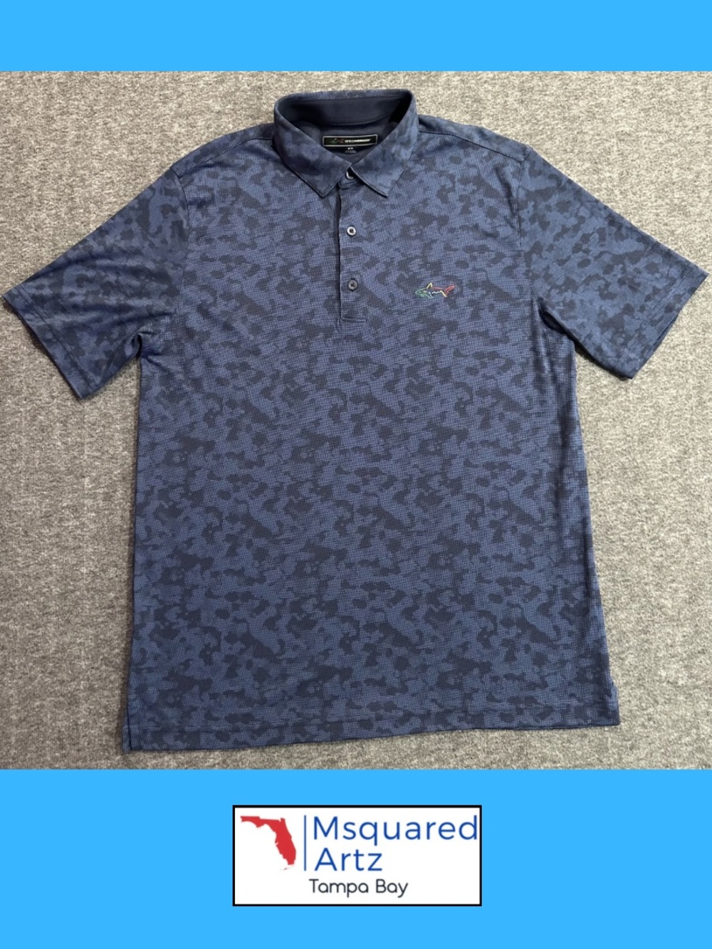 Greg Norman Shark Golf Polo Shirt Blue Camo Print Pima Cotton Medium